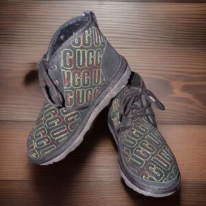 UGG NEUMEL II BLACK SUEDE LEATHER ANKLE BOOT GRAPHIC STITCH Multi Color Chukka 6